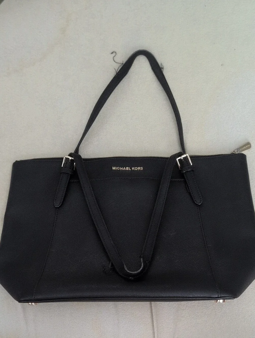 Michael Kors Black Leather Top-Zip Tote with Gold Logo